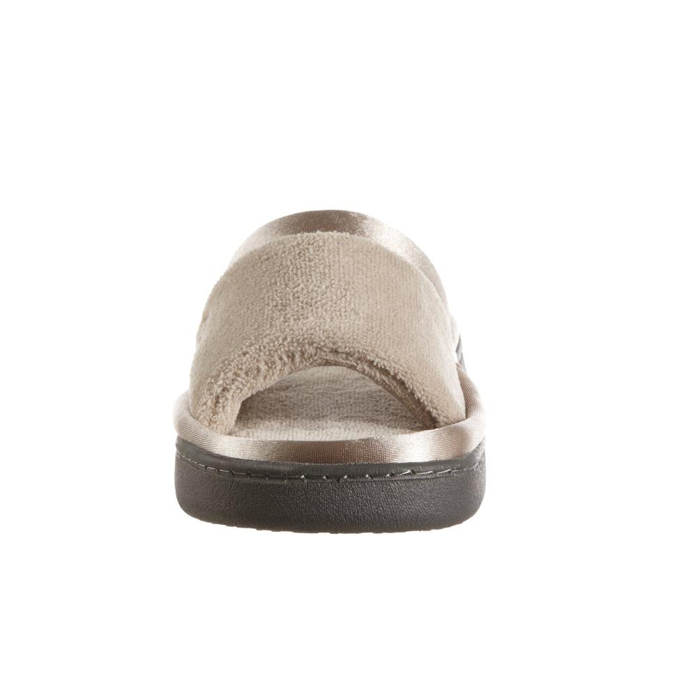 Women's Microterry Satin Trim Wider Width Slide Slippers in Stone Toe View