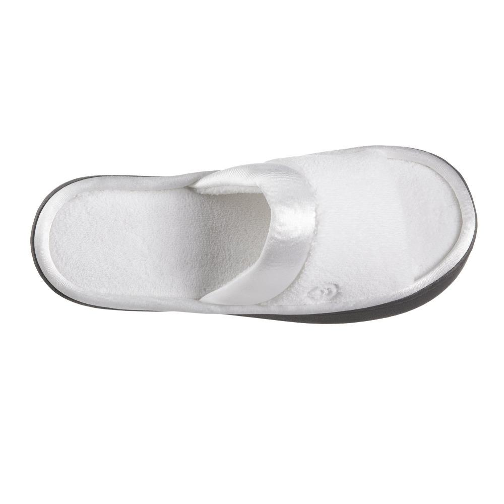 Women's Microterry Satin Trim Wider Width Slide Slippers in White Top View
