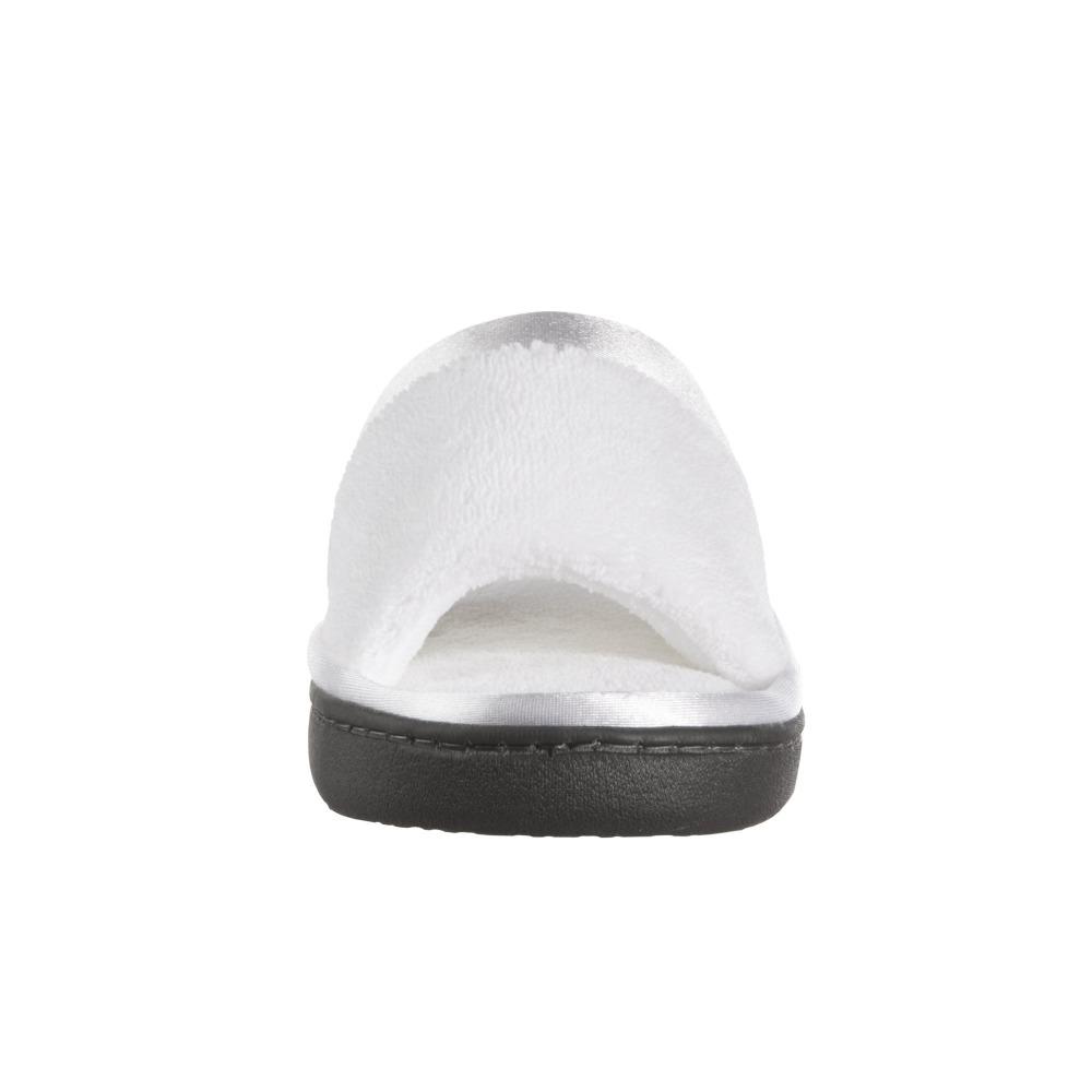 Women's Microterry Satin Trim Wider Width Slide Slippers in White Toe View