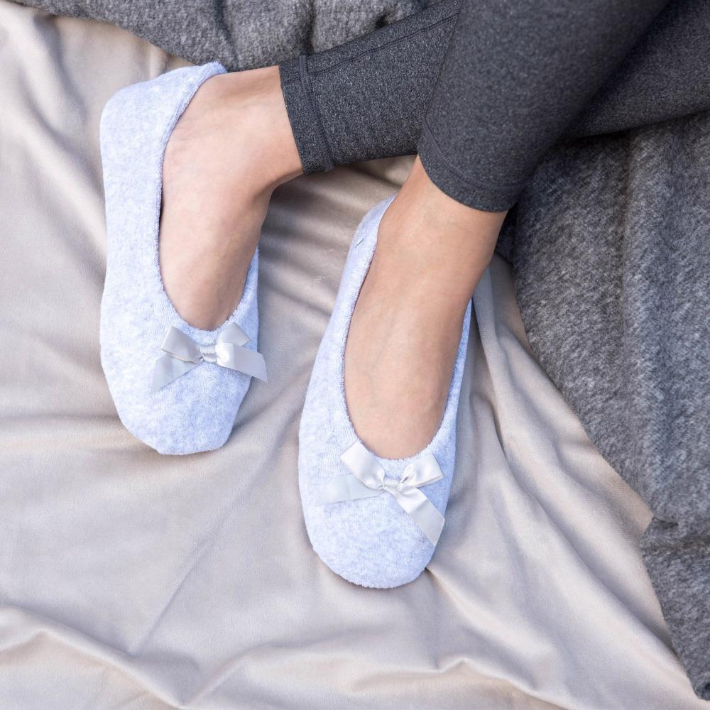 Women's Classic Terry Ballerina Slippers on model with feet up