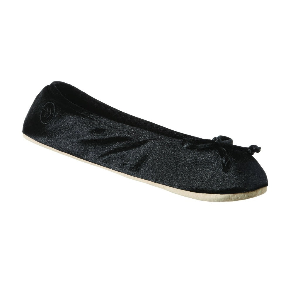 Women's Satin Ballerina Slippers with Satin Bow in Black Left Angled View#color_black