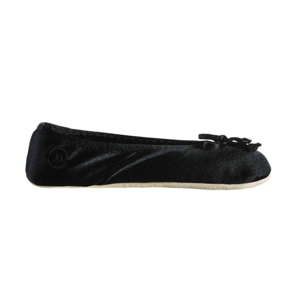 Women's Satin Ballerina Slippers with Satin Bow in Black Profile#color_black