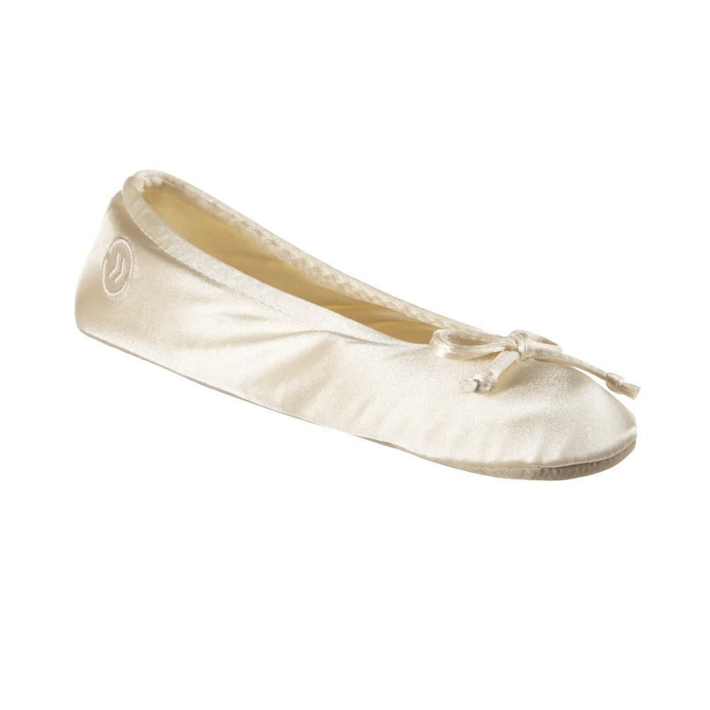 Women's Satin Ballerina Slippers with Satin Bow in Cream Left Angled View#color_cream