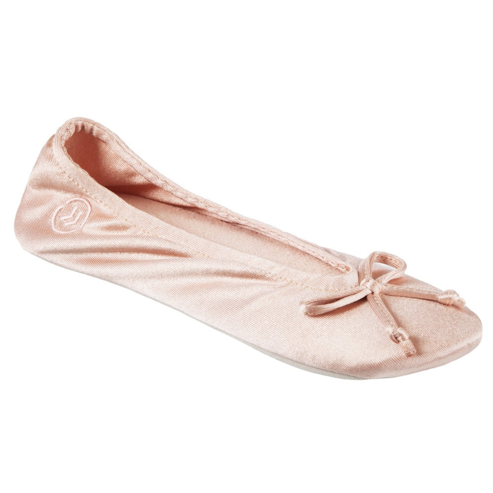 Women’s Isotoner Satin Ballerina Slippers with Satin Bow in Evening Sand Right Angled View#color_evening-sand
