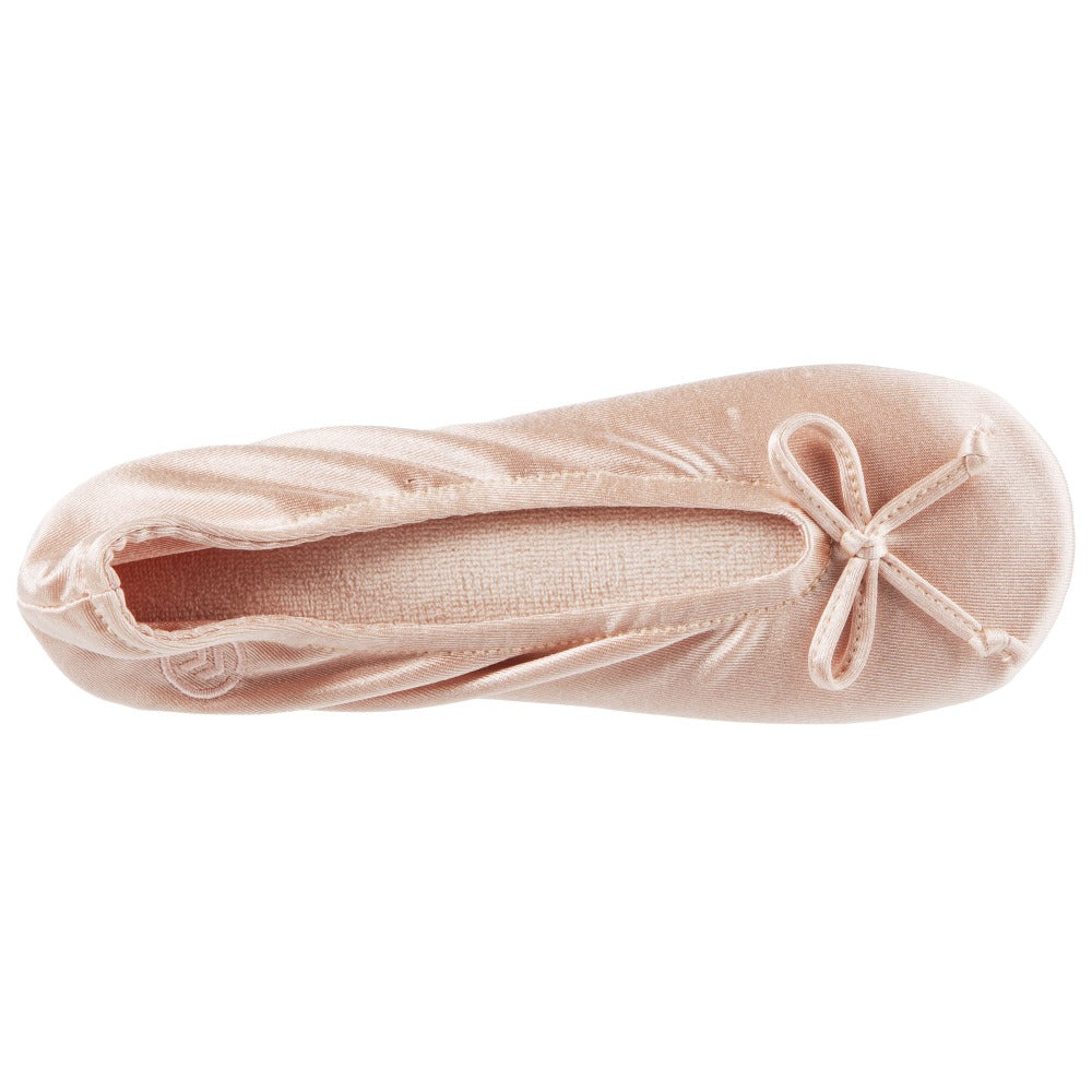 Women’s Isotoner Satin Ballerina Slippers with Satin Bow in Evening Sand Top Inside View#color_evening-sand