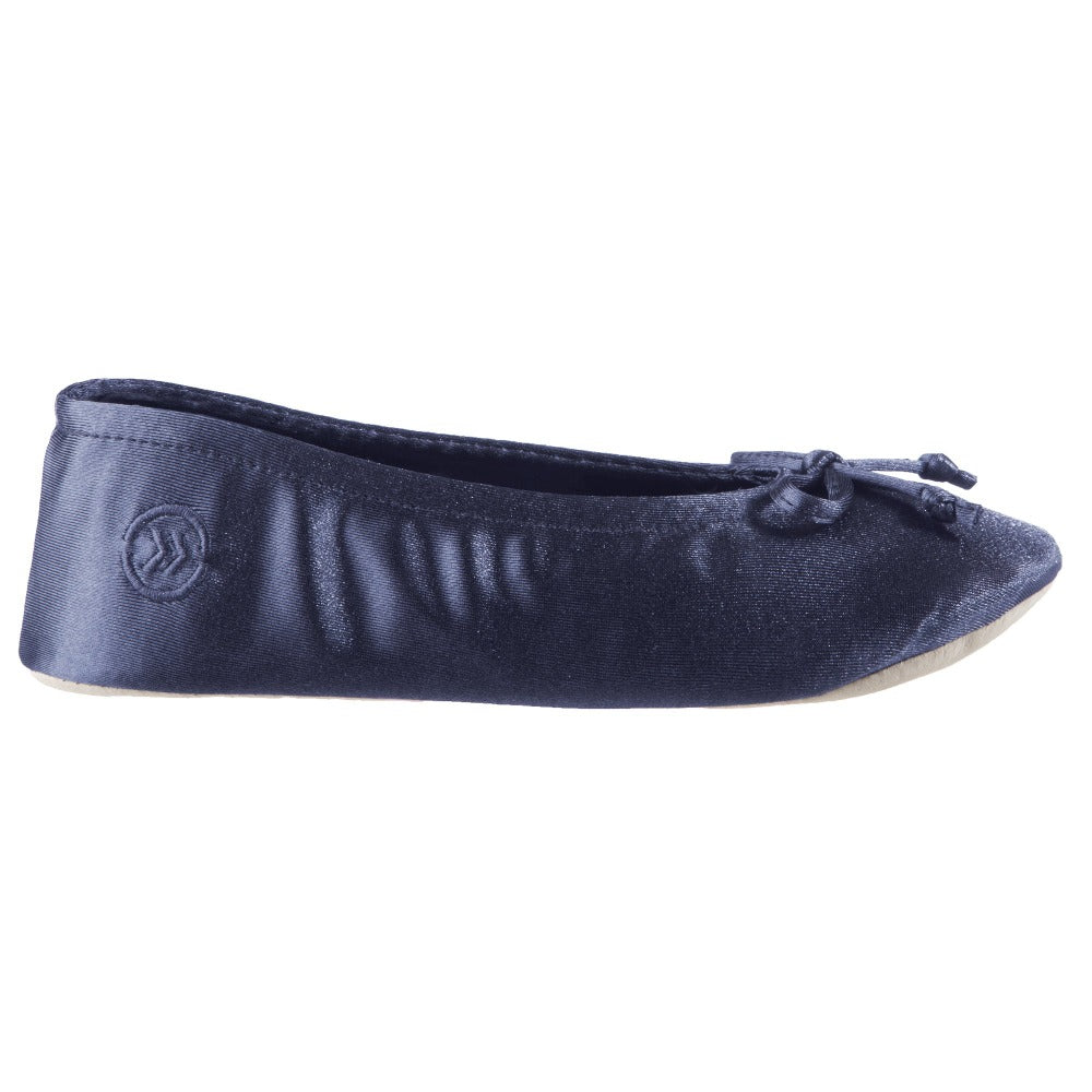 Women’s Isotoner Satin Ballerina Slippers with Satin Bow in Navy Blue Profile#color_navy-blue