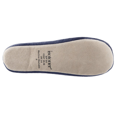 Women’s Isotoner Satin Ballerina Slippers with Satin Bow in Navy Blue Bottom Sole Tread#color_navy-blue