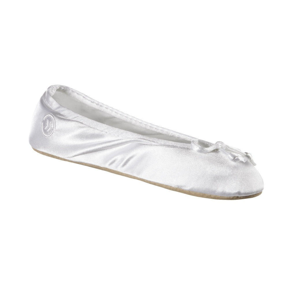 Women's Satin Ballerina Slippers with Satin Bow in White Left Angled View#color_white