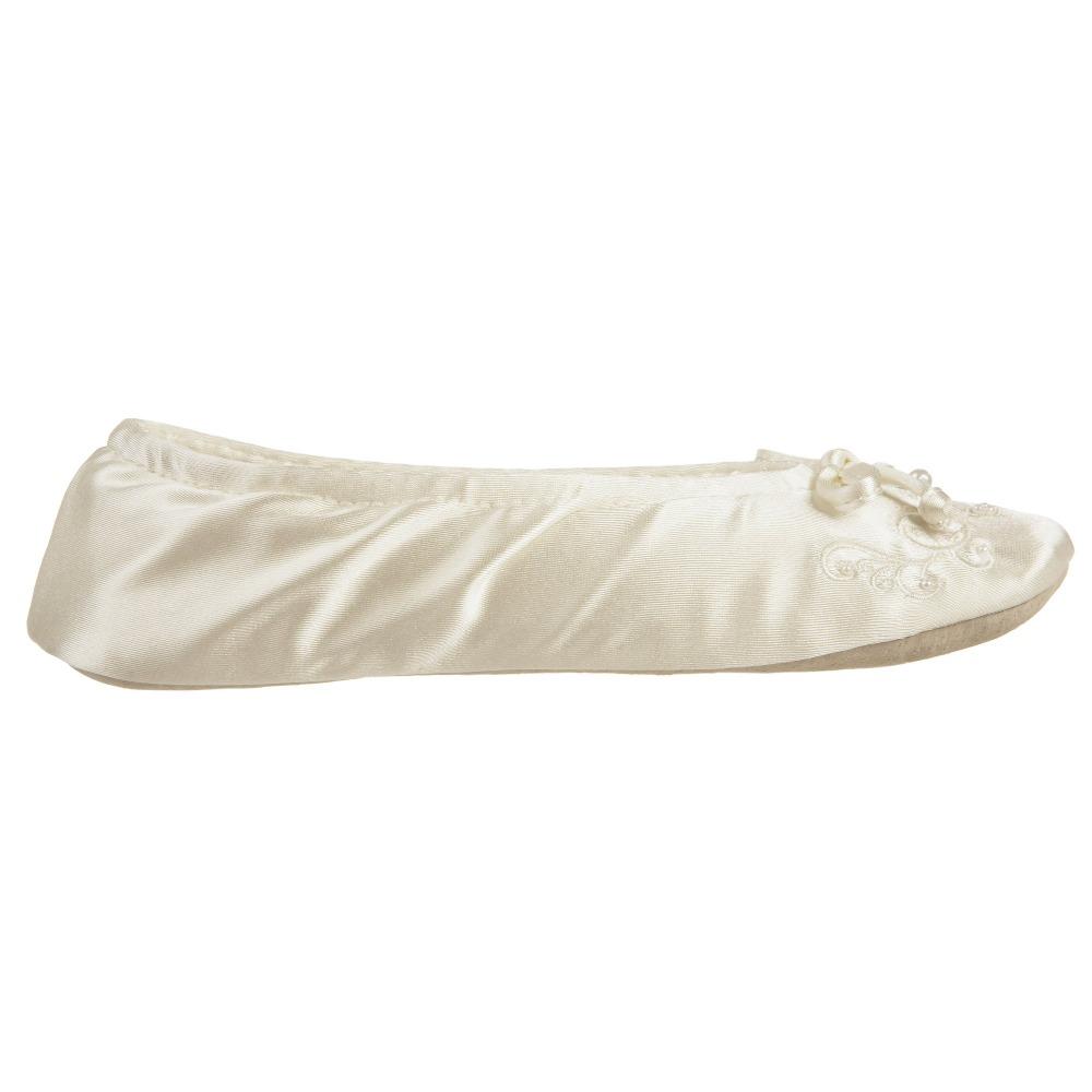 Women's Embroidered Pearl Satin Ballerina Slippers in Ivory Profile
