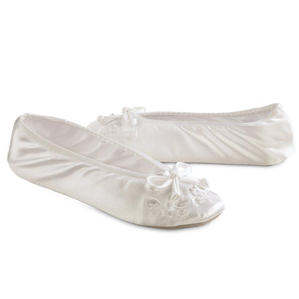 Women's Embroidered Pearl Satin Ballerina Slippers Pair in White Right Angled View