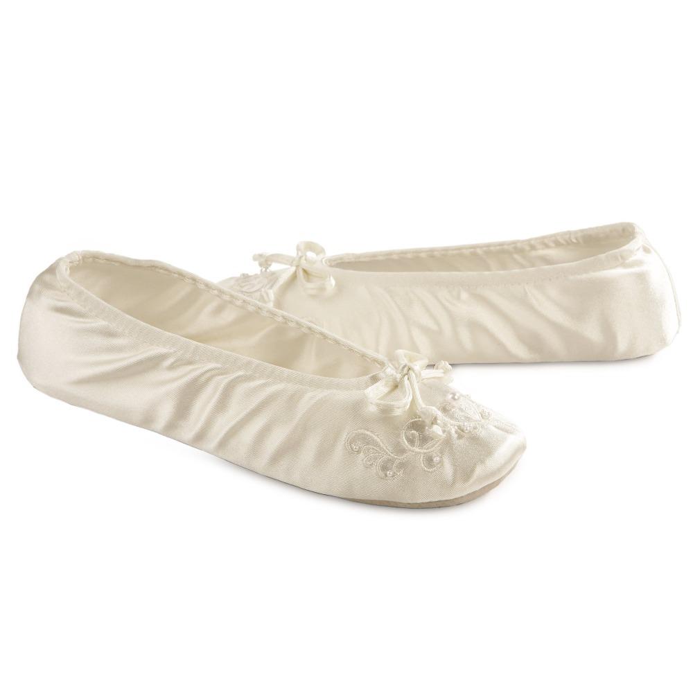 Women's Embroidered Pearl Satin Ballerina Slippers Pair in Ivory Right Angled View