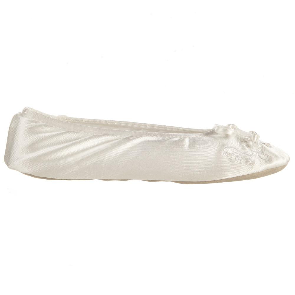 Women's Embroidered Pearl Satin Ballerina Slippers in White Profile