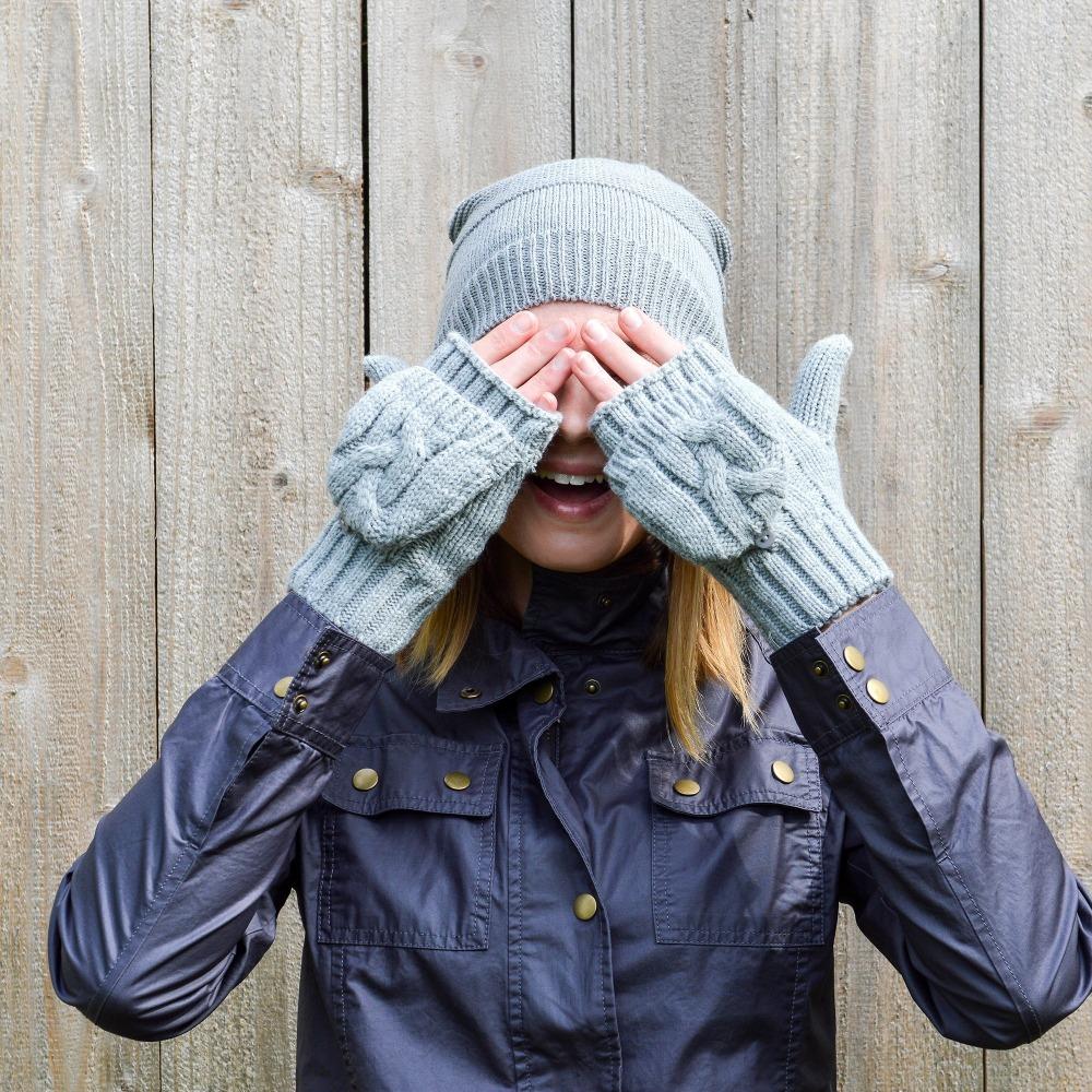 Women's Chunky Cable Knit Flip-Top Mittens in Heather (Grey) on Model